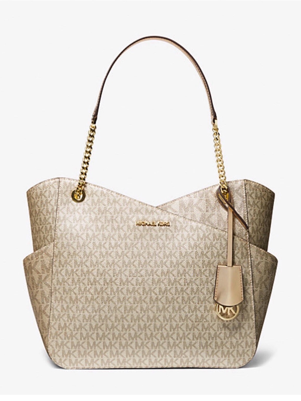 Michael Kors Beige Signature Mk Tote With Gold Chain Straps